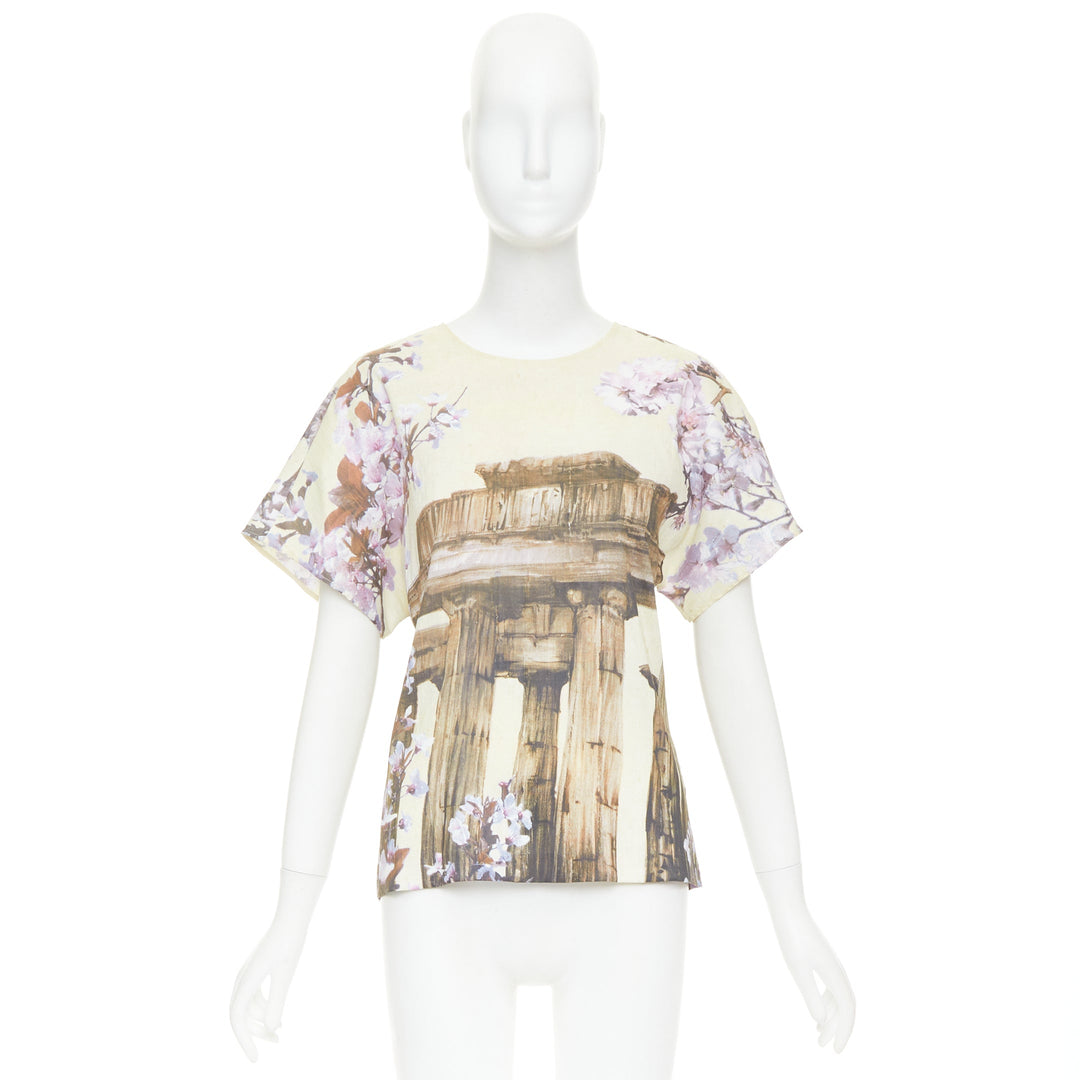 DOLCE GABBANA 100% silk cream purple Rome Ruins floral print boxy top IT38 XS