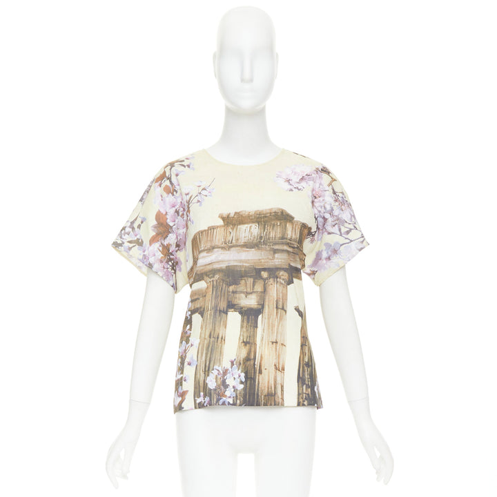 DOLCE GABBANA 100% silk cream purple Rome Ruins floral print boxy top IT38 XS