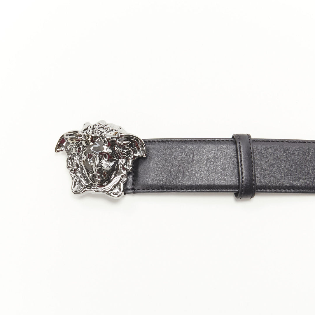 VERSACE La Medusa ruthenium silver buckle black leather belt 115cm 44-48"