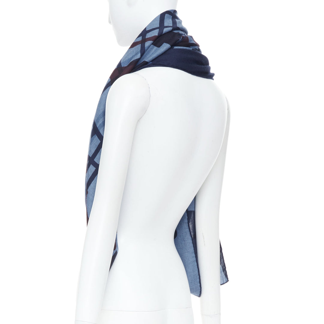 HERMES Imprimeur Fou Brides et Frontaux 140cm navy printed cashmere silk shawl