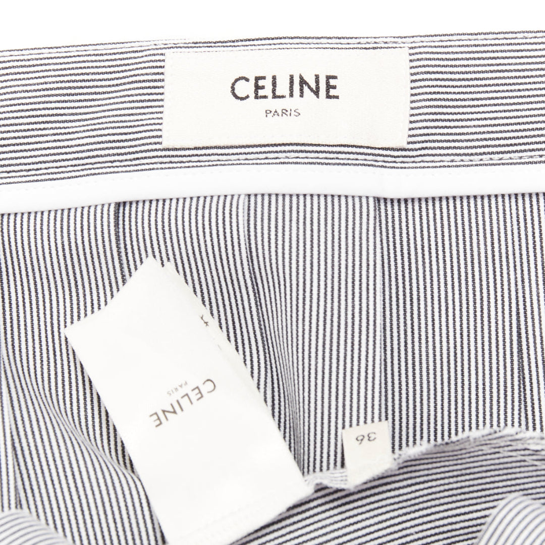 CELINE black white cotton striped box pleated high waist midi skirt FR36 S