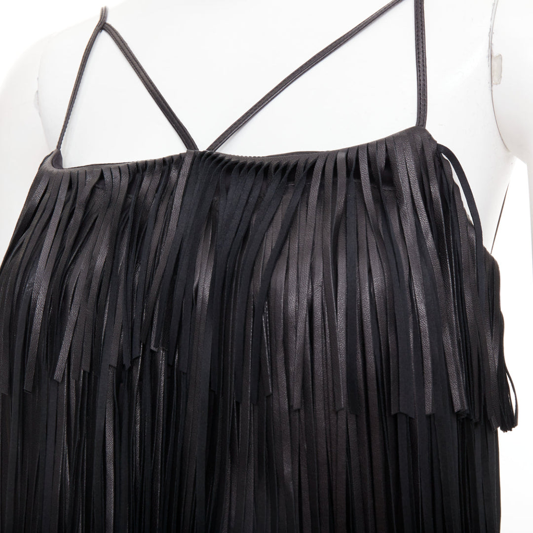 JITROIS black fringed lambskin leather silk blend lined flapper top FR38 M