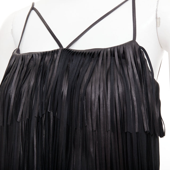 JITROIS black fringed lambskin leather silk blend lined flapper top FR38 M