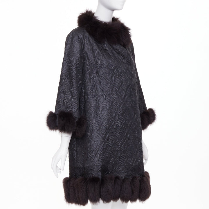 ADAM JONES 2004 black textured brocade real fur trim crystal buckle coat FR38 M