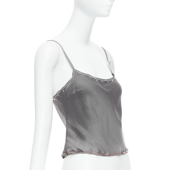 PRADA Vintage 100% silk grey clear long bead embellished camisole top IT38 XS