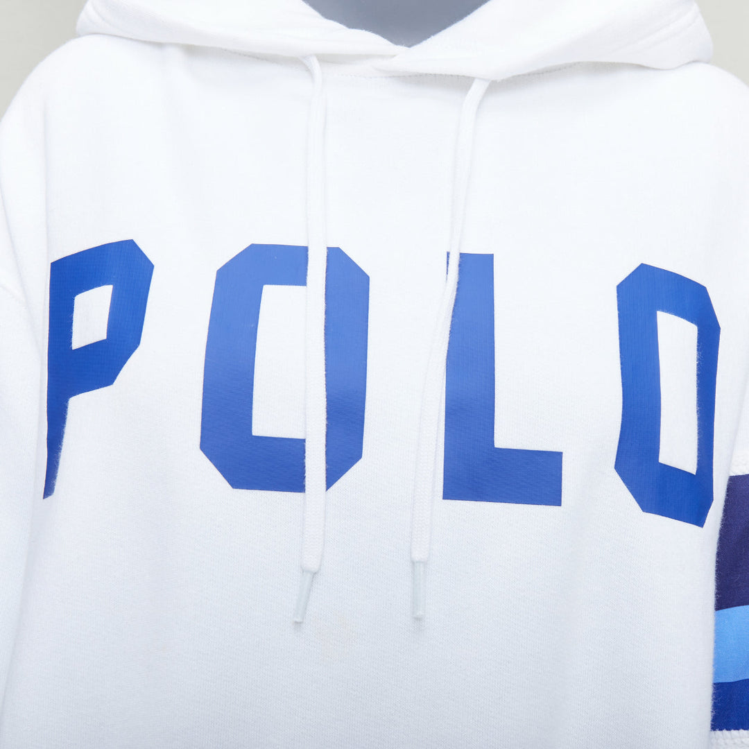 POLO RALPH LAUREN white blue cotton blend logo stripe arm hoodie XS