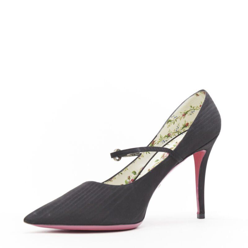 Female mannequin wearing Gucci by Alessandro Michele Virginia Black Silk Women Heels in Size EU40 | Available at JHROP