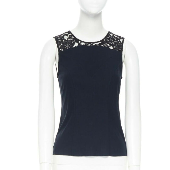 CHANEL navy blue 100% cotton illusion neckline black lace sleeveless top FR36