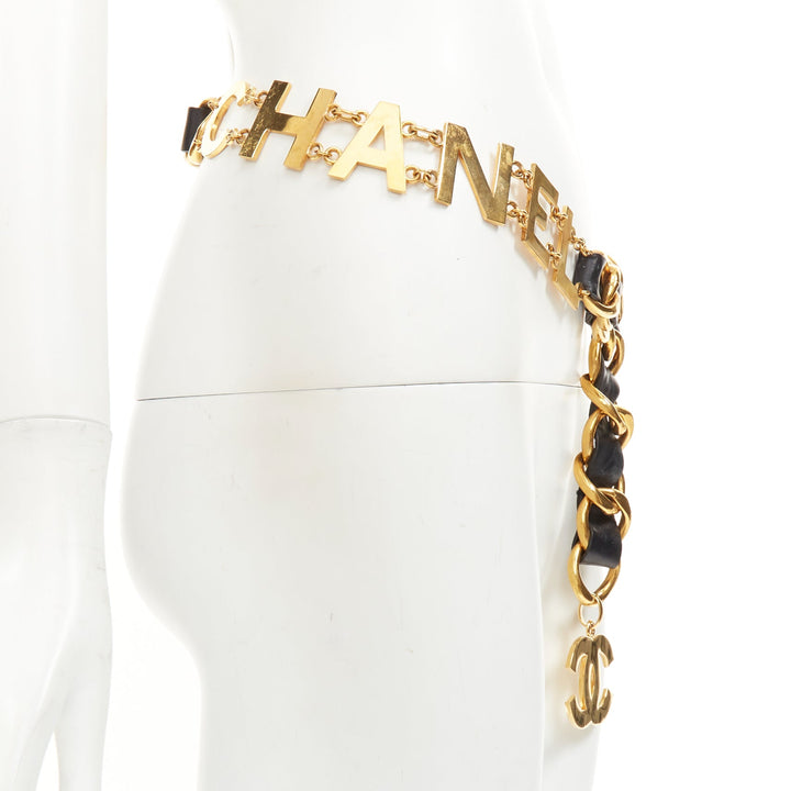 rare CHANEL 1993 Vintage Spell Out logo black leather interwoven gold chain belt