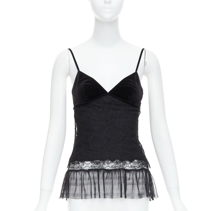 LA PERLA black silk cotton blend lace velvet negligee camisole top IT40 S