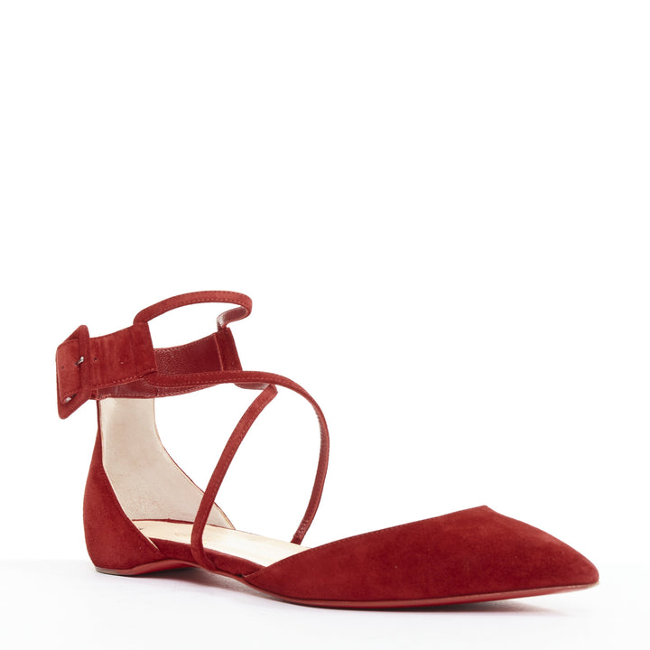 CHRISTIAN LOUBOUTIN Suzanna Flat Veau Velours Carmin red suede pointy flats EU
