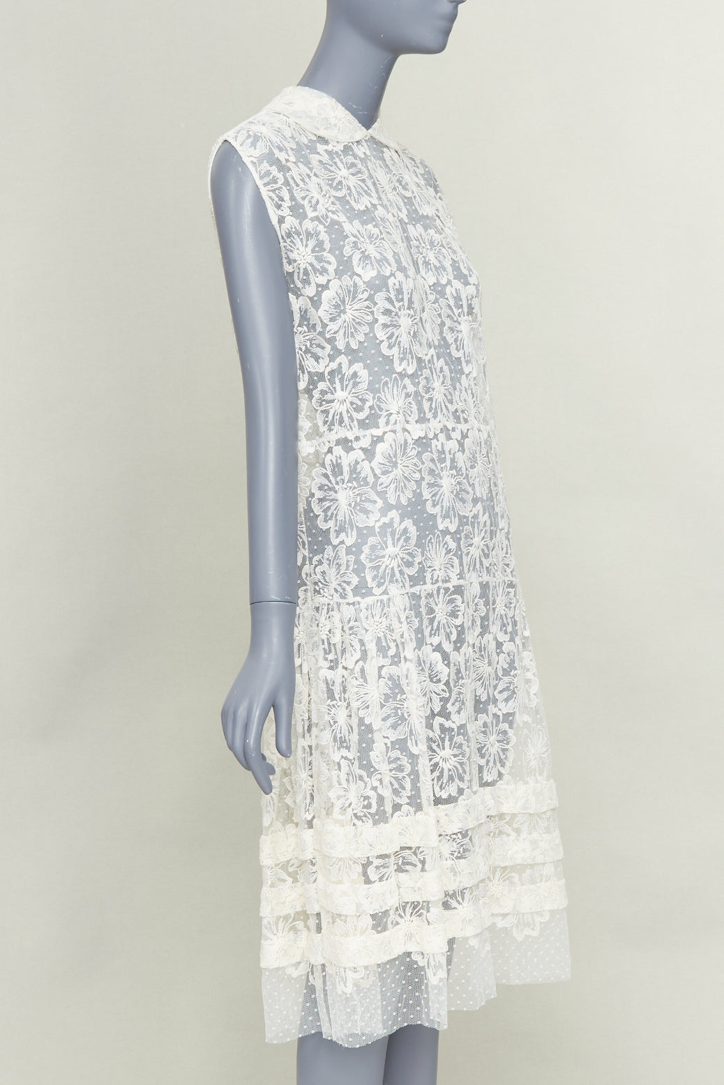 MIU MIU Vintage cream white floral lace polka dot mesh sheer midi dress IT40 S