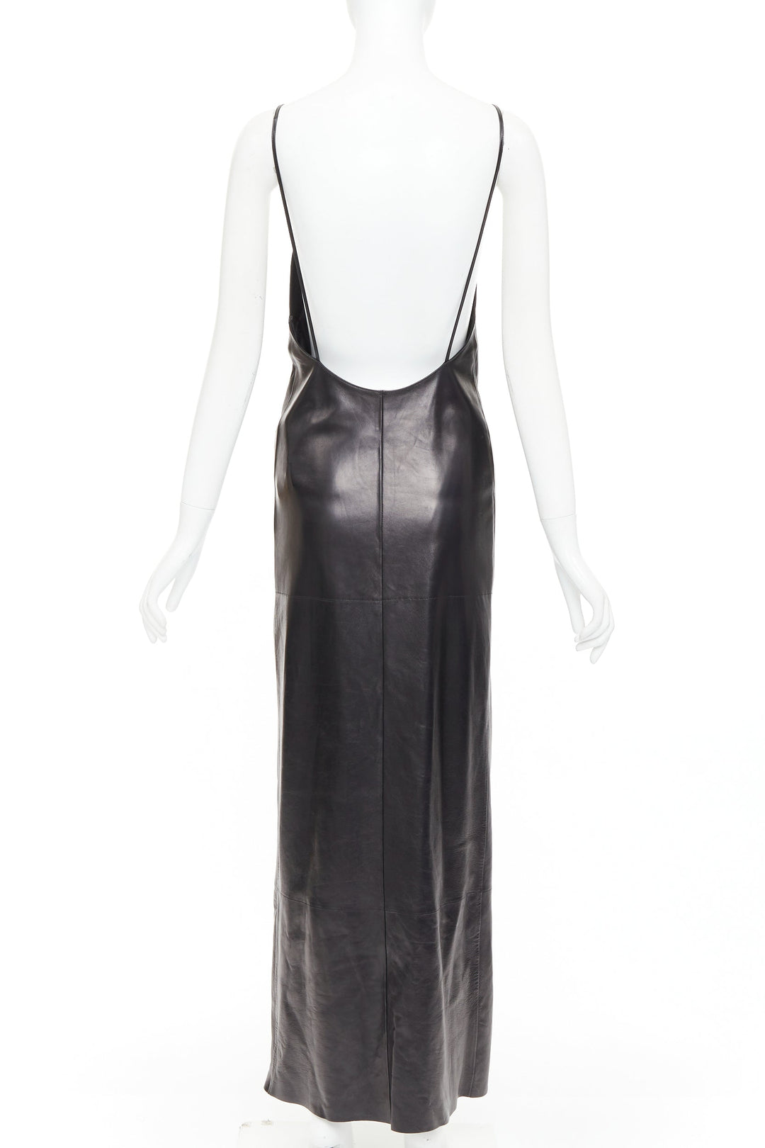 SAINT LAURENT 2024 black lambskin plunge low cut back slit slip gown FR34 XS