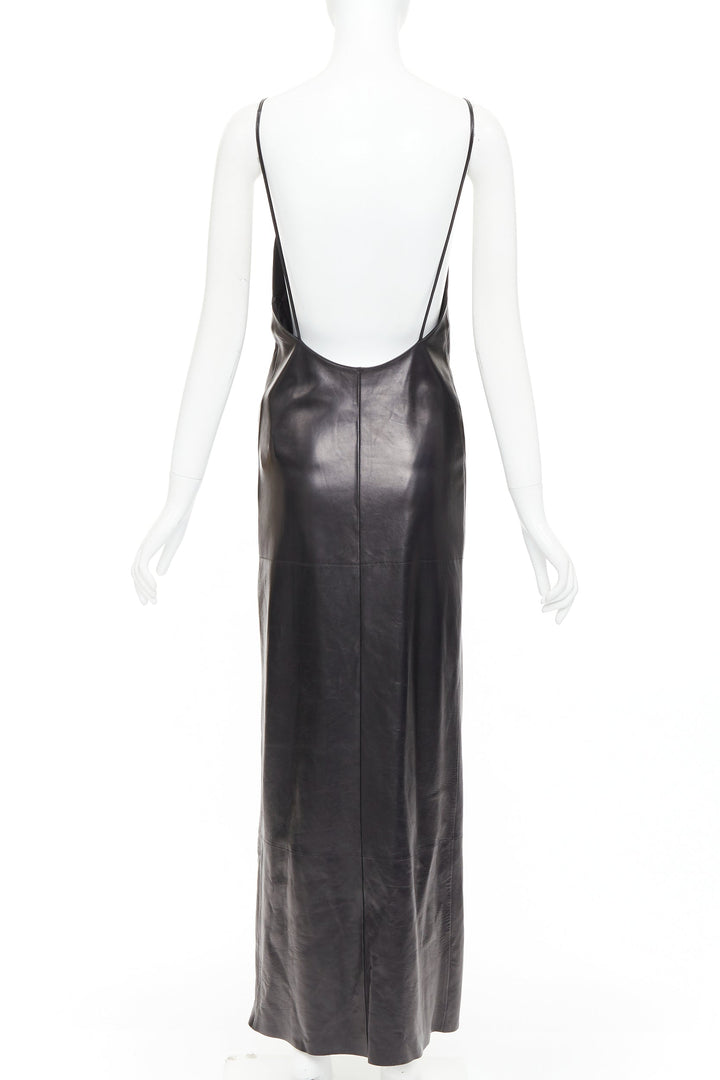 SAINT LAURENT 2024 black lambskin plunge low cut back slit slip gown FR34 XS