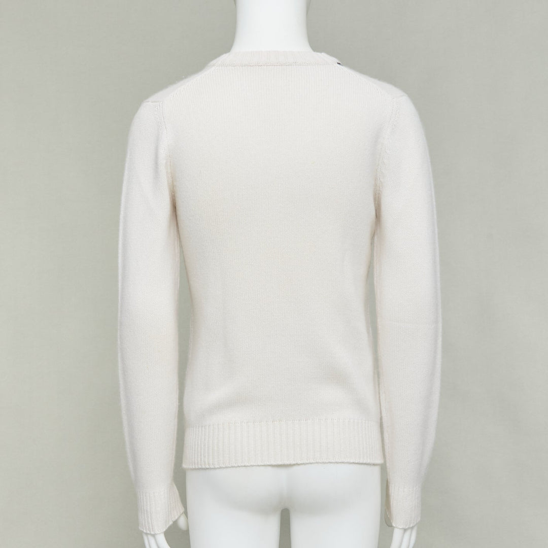 DOLCE GABBANA cream cashmere gold varsity badge v-neck sweater IT46 S