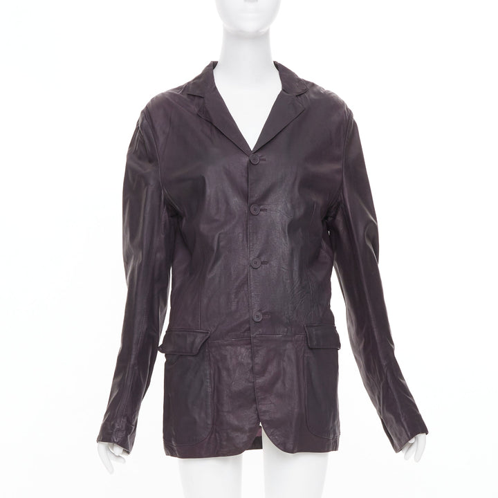 BOTTEGA VENETA aubergine dark purple washed leather flap pockets jacket IT48 M