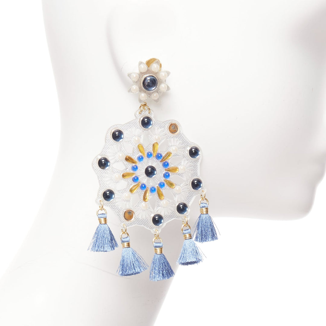 MERCEDES SALAZAR clear acrylic blue beads tassels clip on drop earrings
