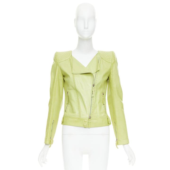 ROBERTO CAVALLI lime green leather moto power shoulder biker jacket IT38 XS