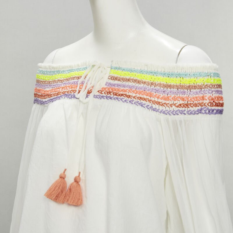 ALICE OLIVIA white cotton neon braid embroidery off shoulder top S
