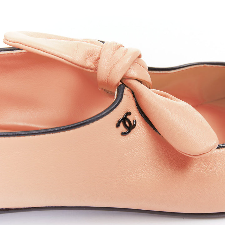 CHANEL 2024 beige lambskin leather ribbon bow CC logo mary jane flats EU40