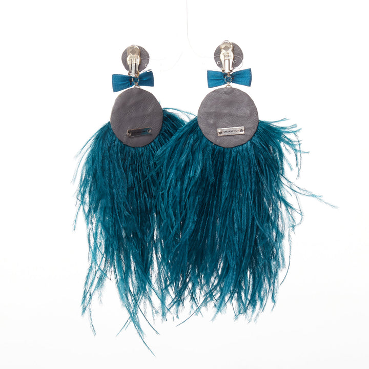 RANJANA KHAN turquoise blue feather faux pearl dangling clip on earrings