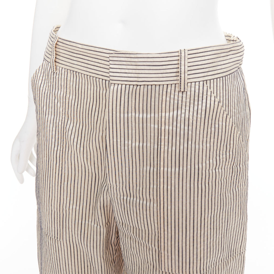 CHRISTIAN DIOR beige navy silk cotton striped cropped wide pants FR36 S
