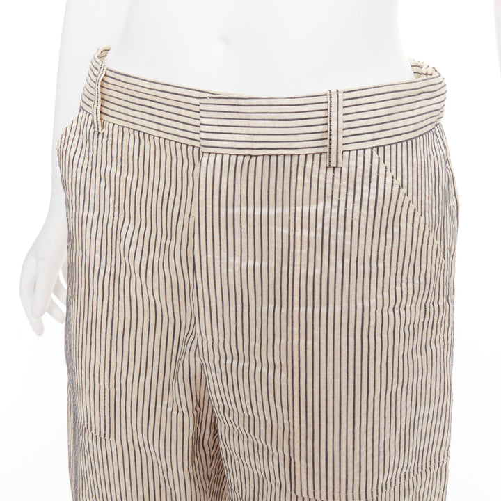 CHRISTIAN DIOR beige navy silk cotton striped cropped wide pants FR36 S
