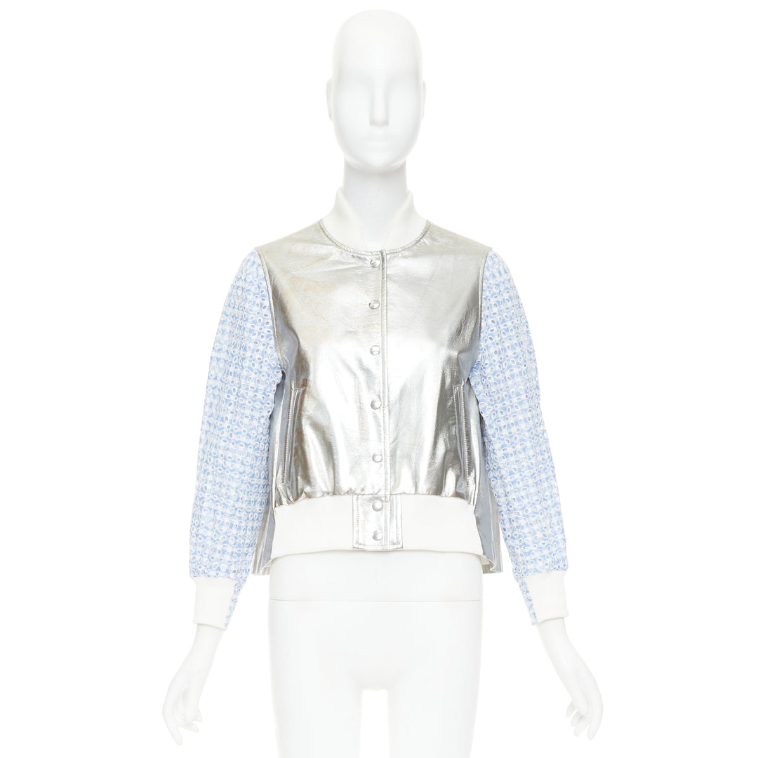 SACAI LUCK blue check embroidery anglais silver flared varsity jacket JP1 S