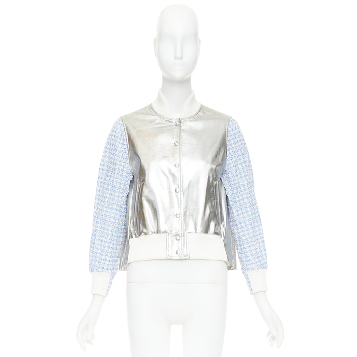 SACAI LUCK blue check embroidery anglais silver flared varsity jacket JP1 S