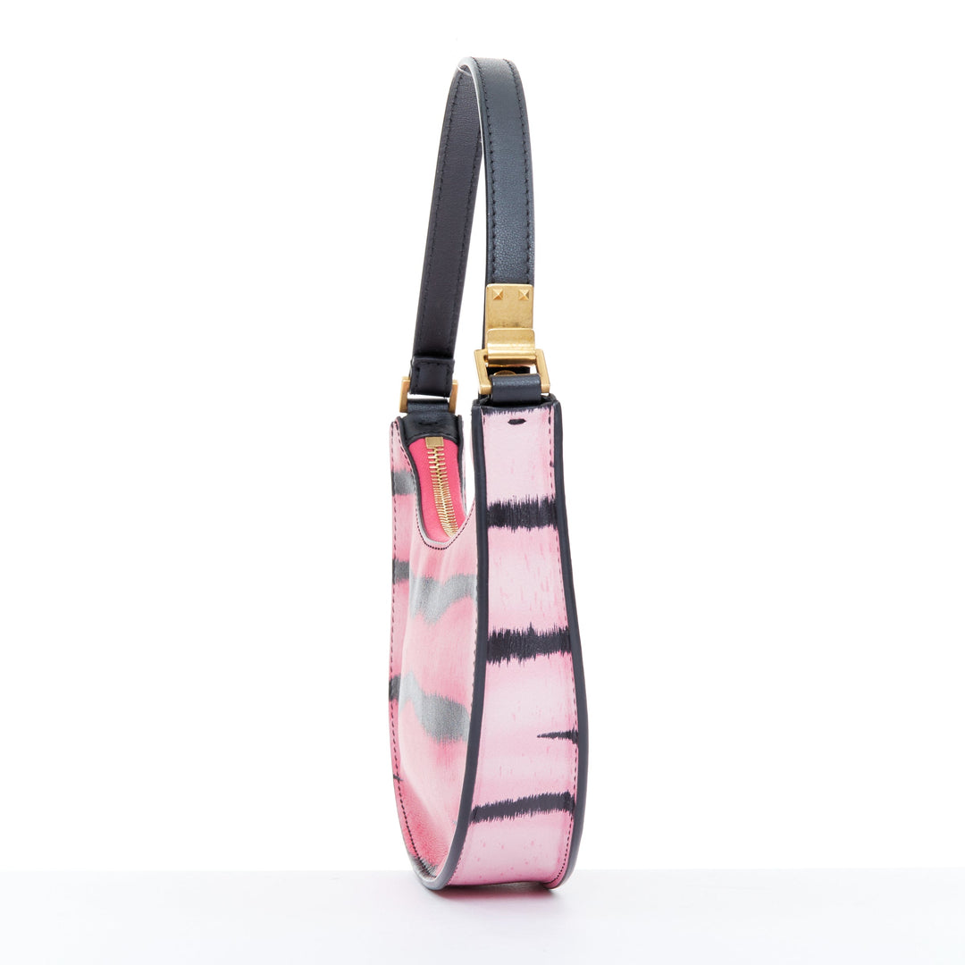 VALENTINO 2022 Tiger 1967 pink black animal print calfskin hobo moon bag