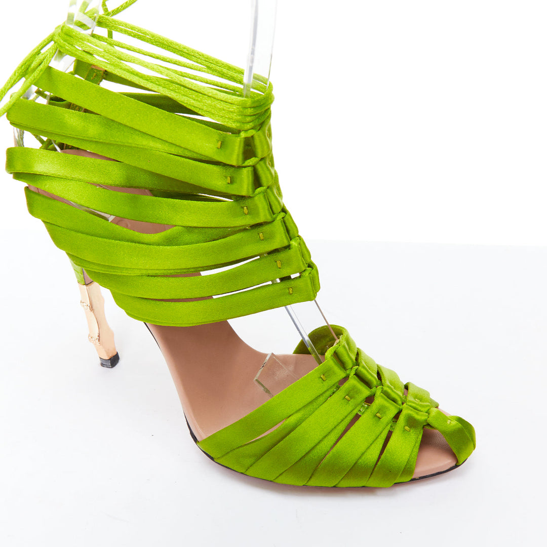 GUCCI Tom Ford 2004 Runway green satin corset gold bamboo sandal EU36C