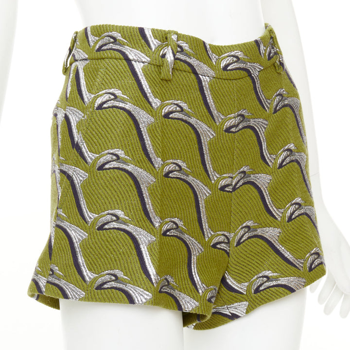 GUCCI 2024 Runway green grey Heron bird jacquard highwaist formal shorts IT38 XS