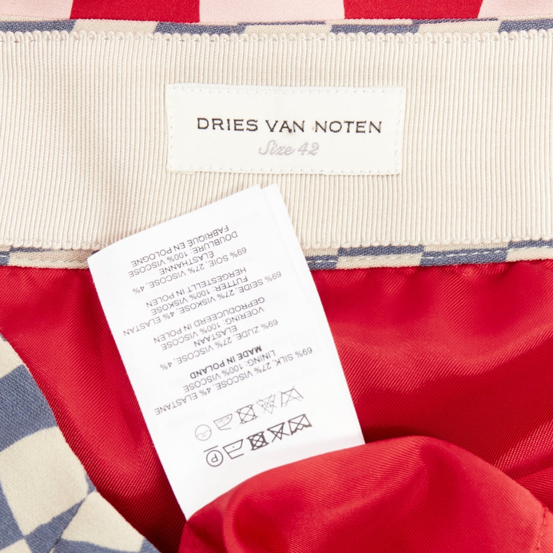 DRIES VAN NOTEN 2024 red silk geometric print wrap checkered midi skirt FR38 M