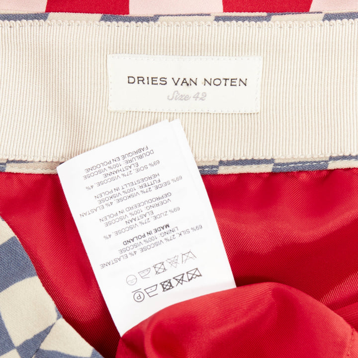 DRIES VAN NOTEN 2024 red silk geometric print wrap checkered midi skirt FR38 M