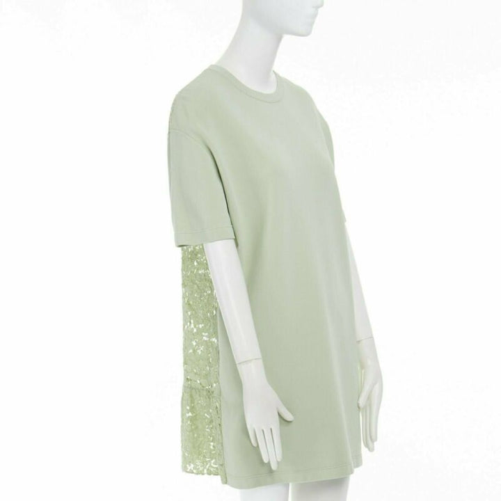 VALENTINO pastel green cotton crepe floral lace pleated back mini dress L