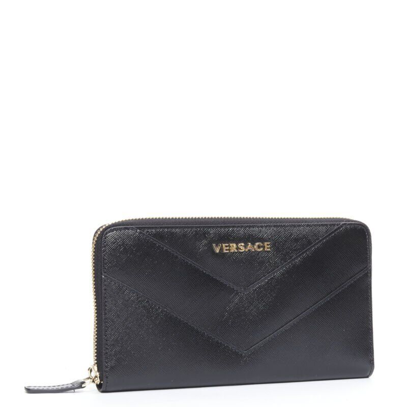 VERSACE black saffiano leather gold logo V stitch continental long wallet