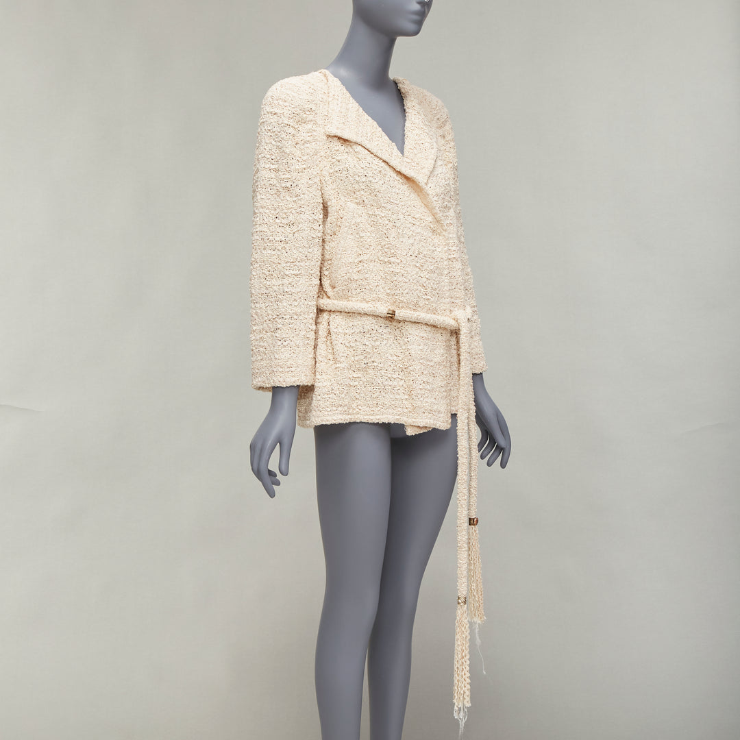CHANEL beige ribbon tweed CC embellished rope belt wrap jacket FR42 XL