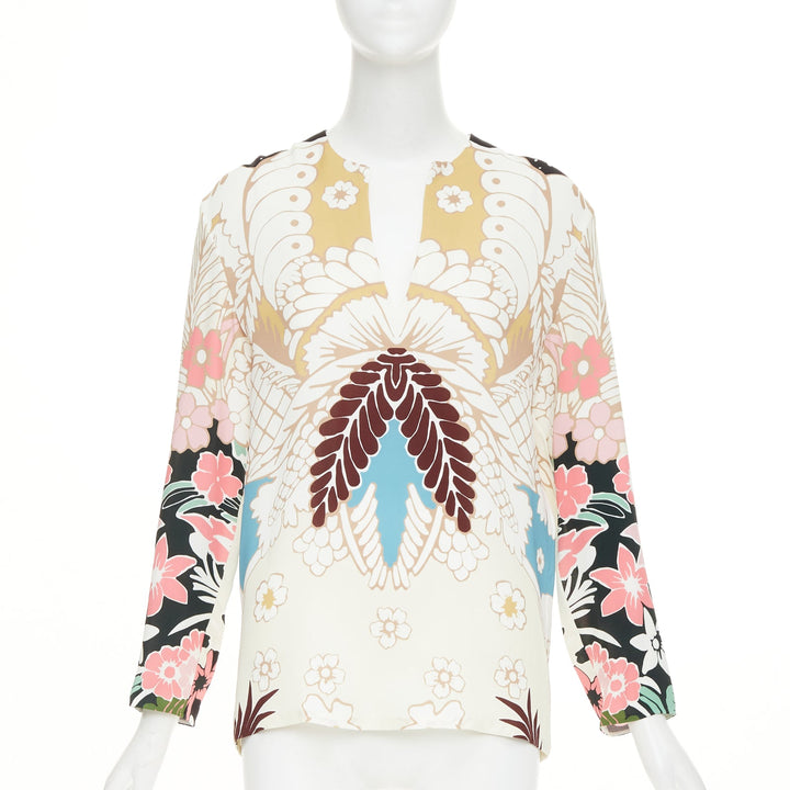 VALENTINO beige floral 18th century tapestry v neck tunic silk blouse IT36 XXS