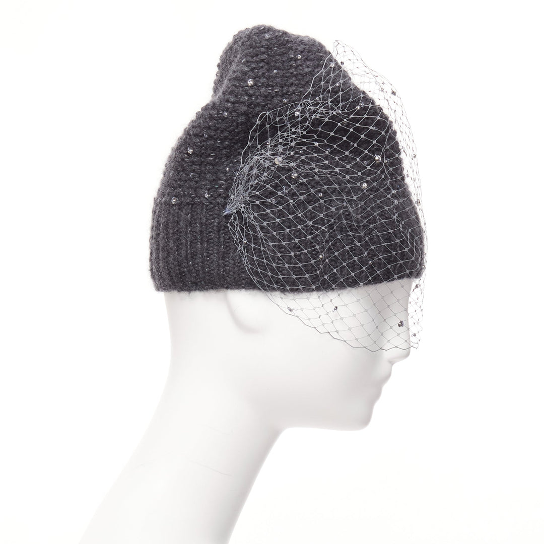 JENNIFER BEHR grey charcoal crystal beads veil round top beanie hat