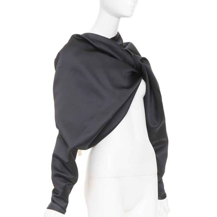 COLVILLE black twisted neck draped open front silk satin asymmetry top IT40 S
