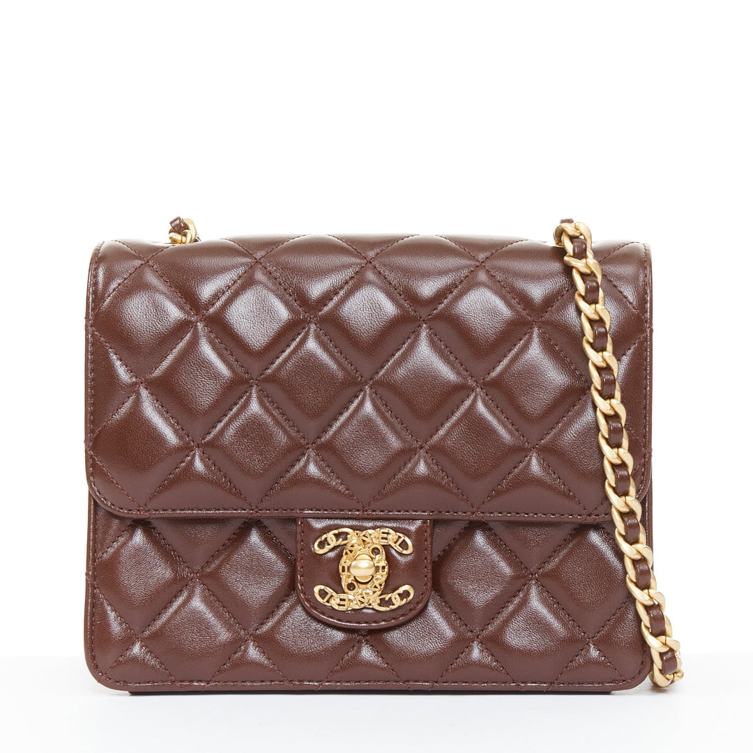 CHANEL 2023 burgundy quilted lambskin ornate CC turnlock seasonal mini flap bag