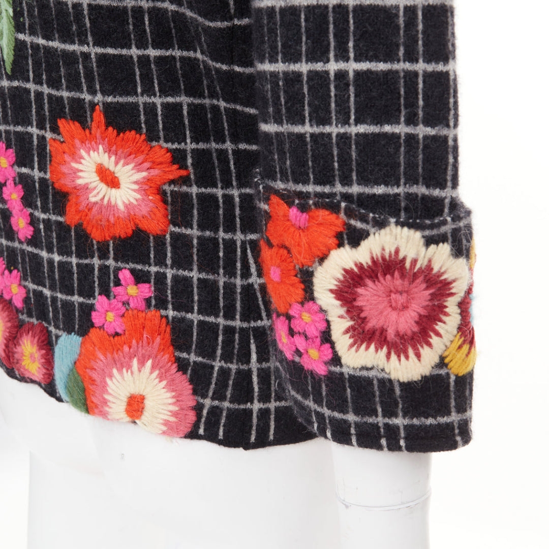KENZO 2008 Vintage black white grid check wool floral embroidered jacket L