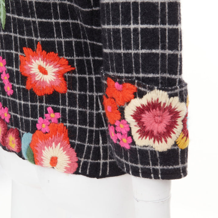 KENZO 2008 Vintage black white grid check wool floral embroidered jacket L