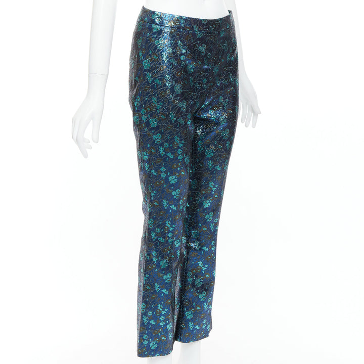 PRADA metallic blue green floral lurex brocade crop pants trousers IT38 XS