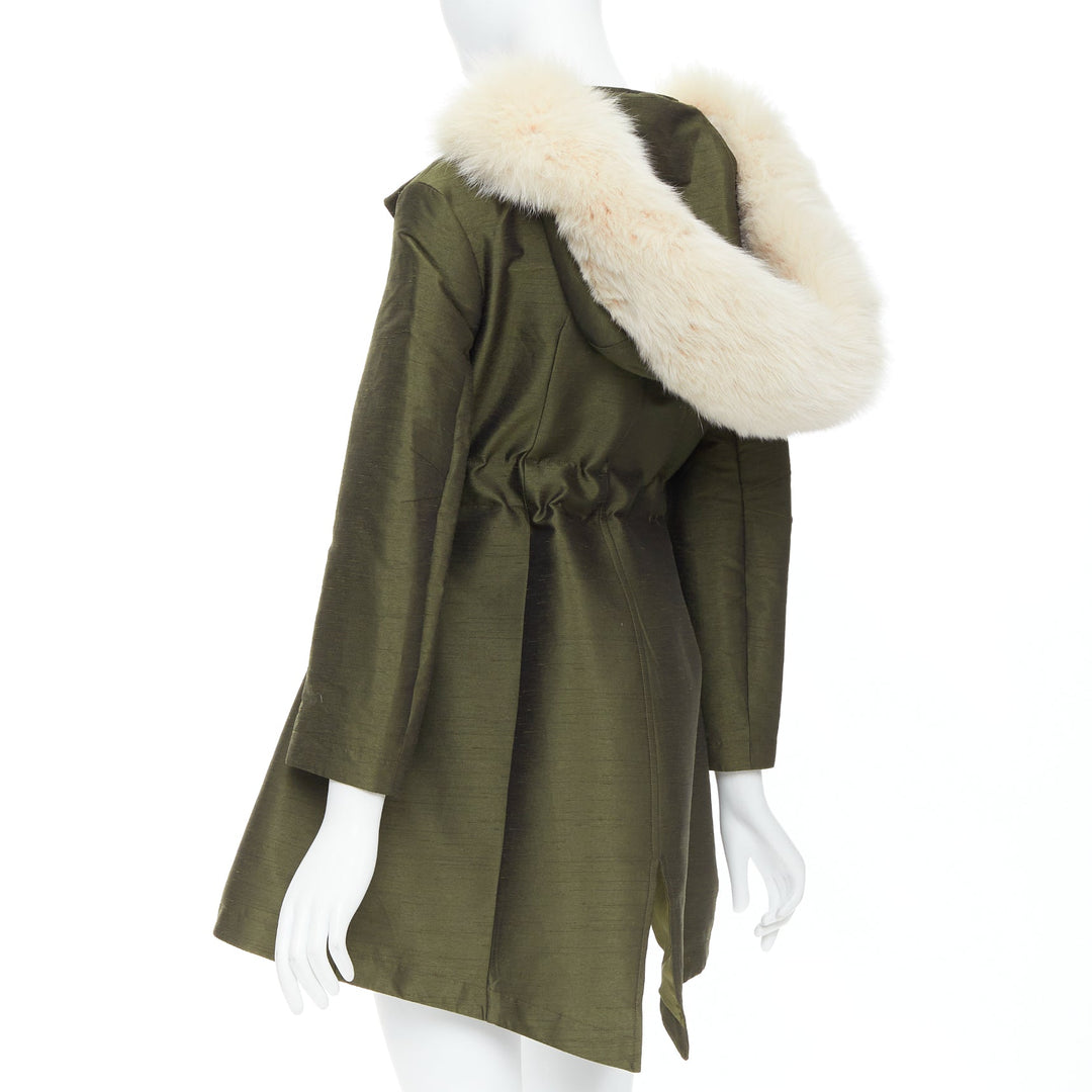 DIOR military green pocketed cream fur hood belted anorak coat FR34 XS