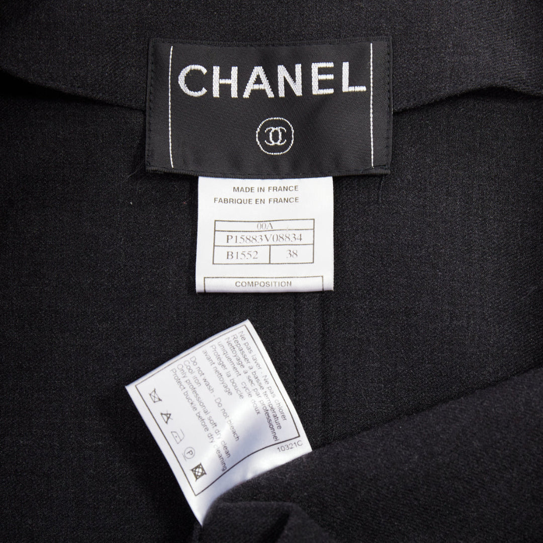 CHANEL 00A dark grey wool blend logo metal buckle asymmetric coat FR38 M