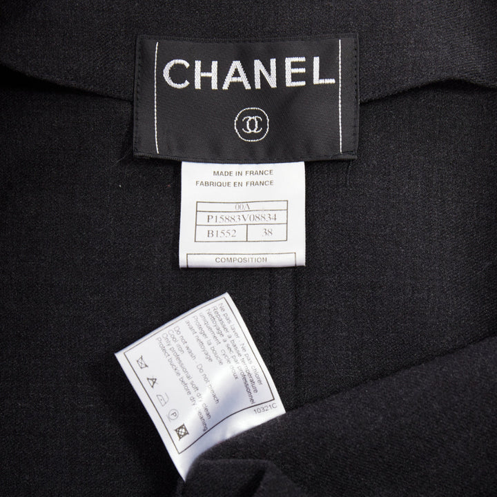 CHANEL 00A dark grey wool blend logo metal buckle asymmetric coat FR38 M