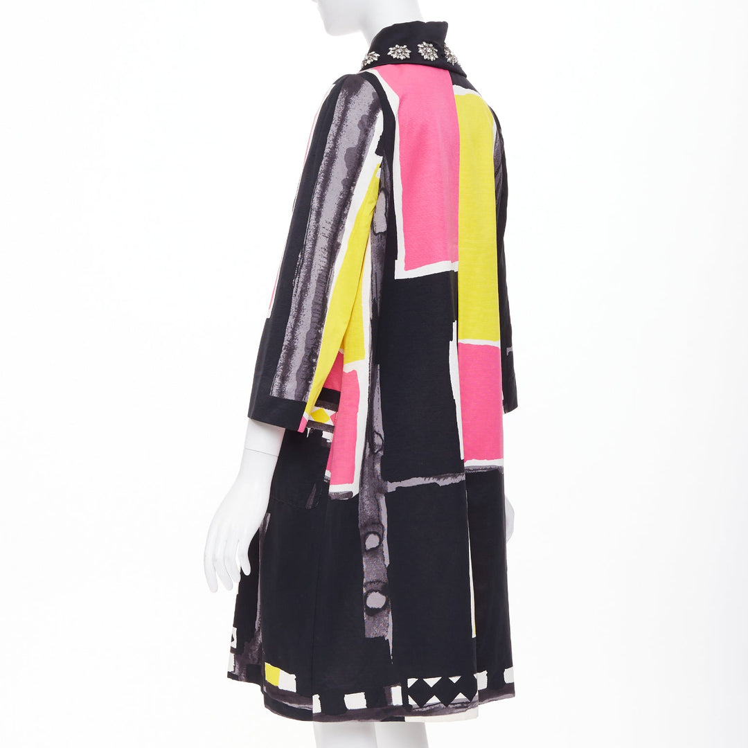 KENZO Defile vintage pink yellow black abstract crystal collar coat FR42 XL