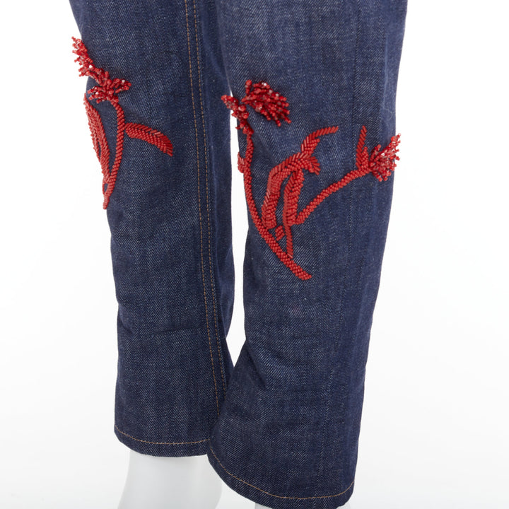 PRADA 2017 Runway red beaded floral embellishment straight leg cropped jeans 25"