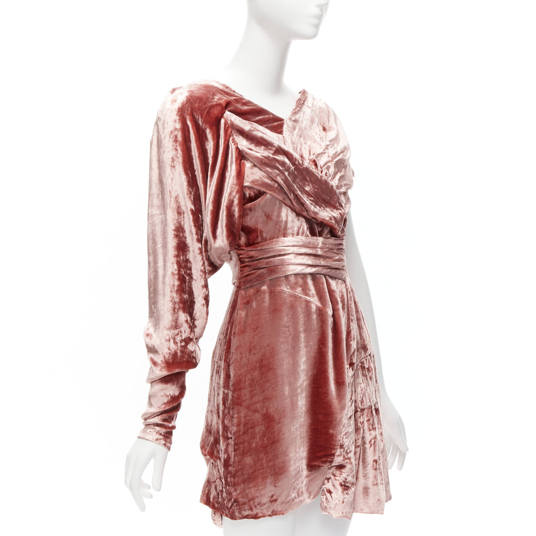 MICHAEL VAN DER HAM Runway pink velvet asymmetric wrap draped mini dress UK8 S